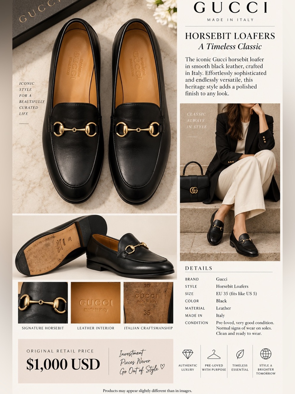 #S17 Gucci 1953 Horsebit Leather Loafers Black (Retail $1,380 CAD)